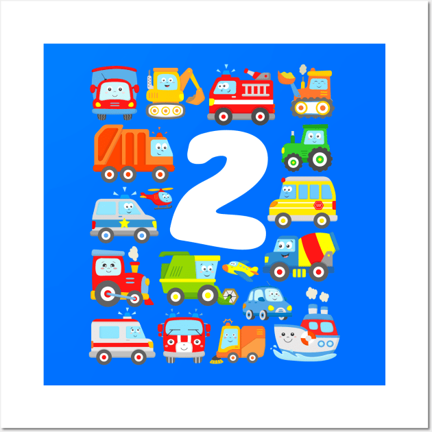 Kids 2nd Birthday Boy 2 Years Cars Vehicles Boat Plane Police Firefighter Wall Art by samshirts